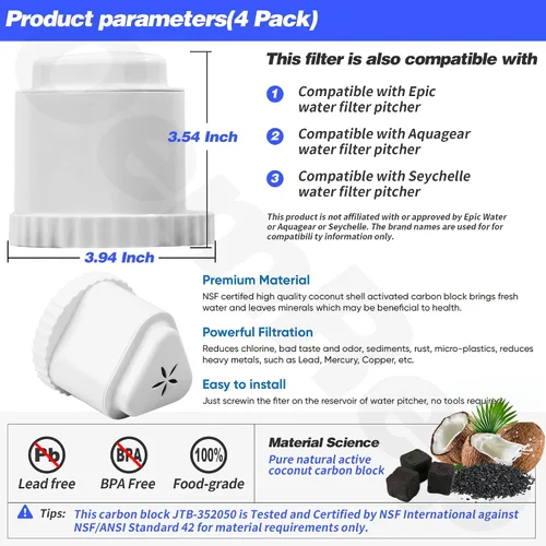 Miniatura 5 de 1 paquete de filtro de repuesto para jarra de filtro de agua EPIC, jarra de filtro de agua compatible con Aquagear Seychelle, sin BPA. Elimina