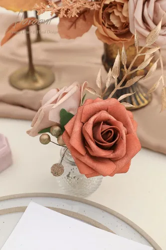 Miniatura 6 de Floroom Flores artificiales, 25 piezas de rosas falsas de espuma de color terracota de aspecto real con tallos para ramos de boda, despedidas