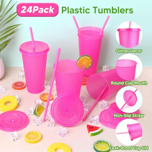 Miniatura 3 de Paquete de 24 vasos de plástico con tapas y popotes, vasos reutilizables con tapas y popotes, vasos coloridos para bebidas frías y café helado