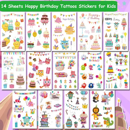 Miniatura 2 de CHARLENT Tatuajes de feliz cumpleaños – 14 hojas de tatuajes temporales para niños, niñas, recuerdos de fiesta y rellenos de bolsas de golosinas