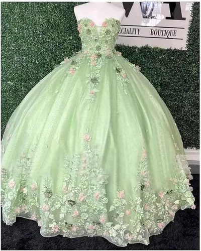 Miniatura 4 de XYAYE Vestidos de quinceañera de novia para mujer, vestidos de baile de flores en 3D, vestido de fiesta de encaje, sin tirantes, de tul dulce 15 16