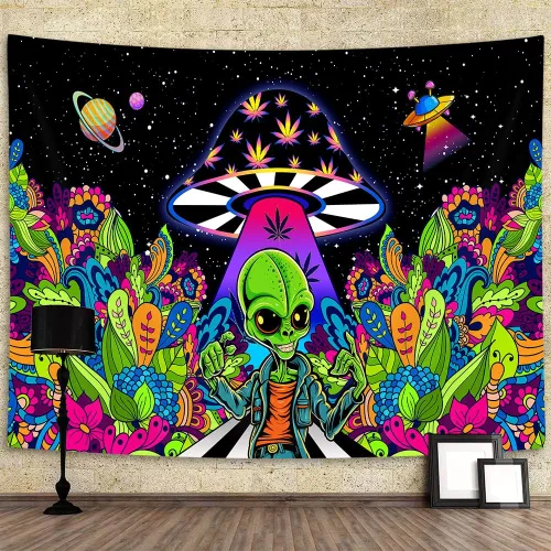 Miniatura 11 de JAWO Tapices alienígenas geniales, tapiz mágico psicodélico de hongos psicodélicos OVNI para colgar en la pared, decoración del hogar