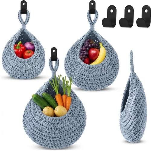 Miniatura 8 de Honeydak Cestas colgantes de pared bohemias para cocina, paquete de 3 cestas de lágrima con ganchos, almacenamiento de frutas, cebollas, verduras