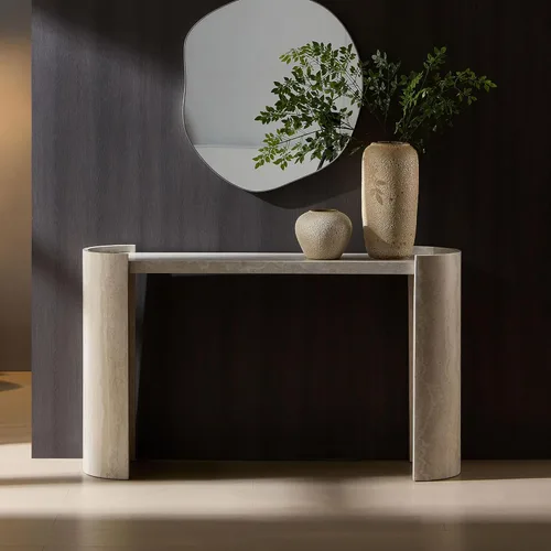 Miniatura 13 de Mesa consola de 57 pulgadas para entrada, moderna mesa de sofá, mesa de sofá rústica con diseño de patas cruzadas, mesa de chapa de acacia
