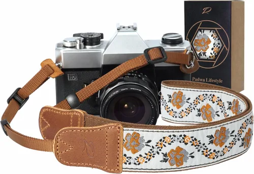 Miniatura 30 de Padwa Lifestyle Correa de cámara con rayas - 1.5" Correa suave de cuerda trenzada de algodón con cabezal de cuero vacuno Crazy Horse para el hombro