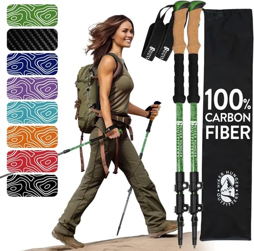 Miniatura 20 de 100% Carbon Fiber Trekking Poles by USA Brand - Ultra Strong Lightweight Collapsible Hiking Poles with Cork and EVA Foam Grips & Quick Adjustable