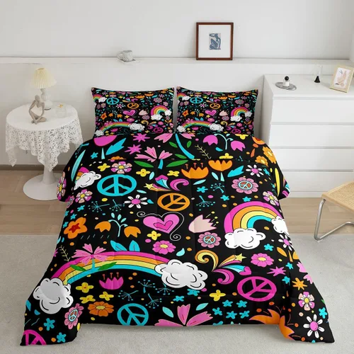 Miniatura 31 de Lindo juego de edredón de flores para niños y mujeres. Juego de ropa de cama de flores coloridas de dibujos animados, tamaño individual, bonito