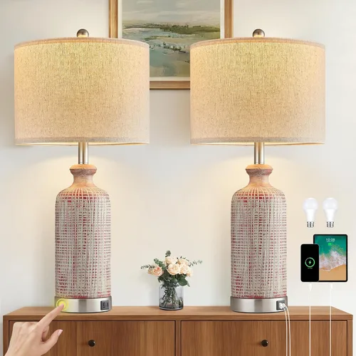 Miniatura 13 de Juego de 2 lámparas azules de mesa de 27.7 pulgadas para sala de estar con puertos USB A+C, lámpara táctil para dormitorio, 2 bombillas incluidas
