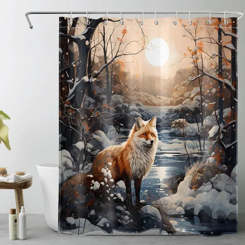 LB Cortina de ducha con diseño de zorro de bosque de invierno, bosque nevado, lindo zorro con árbol, paisaje natural, cortina de ducha de baño,