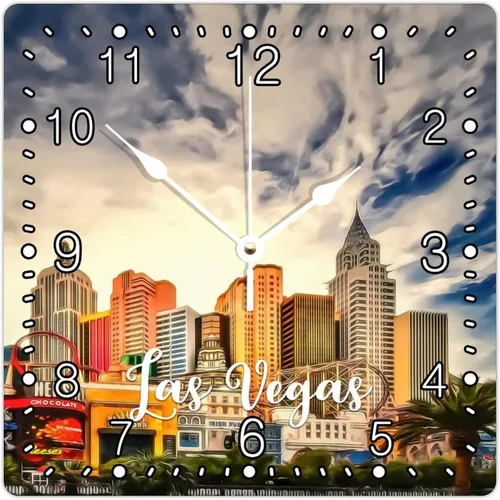 Reloj cuadrado de madera de 15 x 15 pulgadas, diseño de paisaje urbano de Las Vegas, números arábigos, moderno, silencioso, sin tictac, funciona con