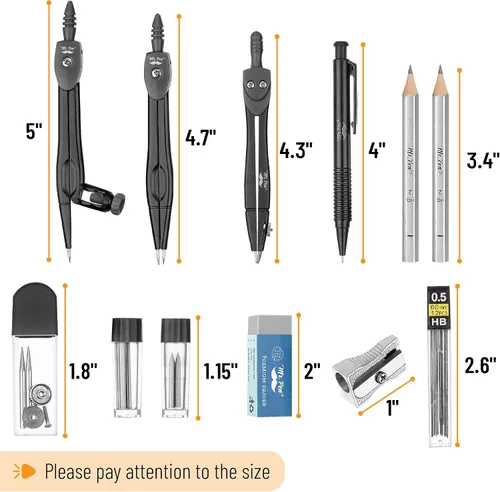 Miniatura 3 de Mr. Pen - Juego de geometría, 15 piezas, negro, transportador de brazo giratorio de 6 pulgadas, compás, escuadras, regla, compases y transportador