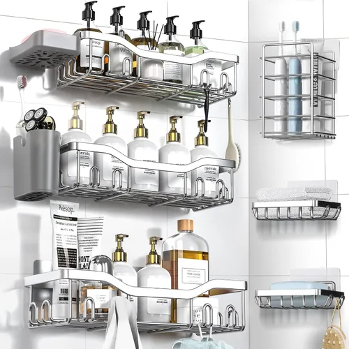Miniatura 12 de NESOMI Organizador de Ducha Adhesivo Juego de 7 Piezas, Estantes de Baño de Acero Inoxidable a Prueba de Óxido, Accesorios de Almacenamiento sin