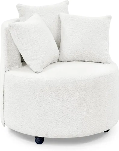 Miniatura 9 de Quarte Moderna silla tapizada de ocio, silla giratoria de tela de peluche con ruedas móviles y 3 almohadas, perfecta para sala de estar y dormitorio