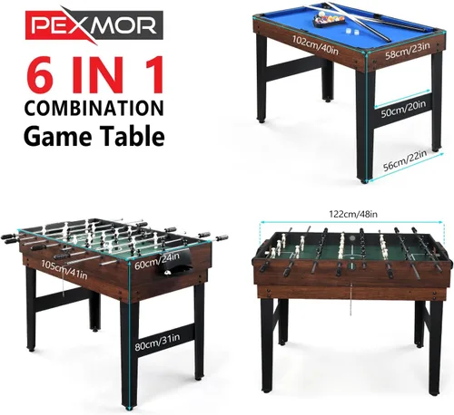 Miniatura 9 de PEXMOR Mesa de juego múltiple 6 en 1 para adultos, mesa combinada para sala de juegos, juego de mesa de juego de 48 pulgadas