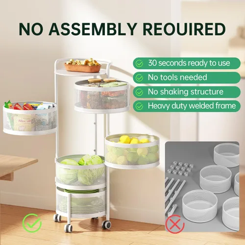 Miniatura 4 de JAQ Canasta giratoria de frutas, de metal resistente, almacenamiento multinivel de cocina, no requiere montaje, con ruedas, para frutas, verduras