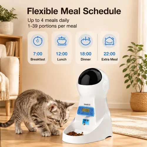 Miniatura 3 de Iseebiz Comedero automático para gatos, 101 onzas/3 L para alimentos secos con diseño antiobstrucciones, hasta 4 comidas con control de porciones