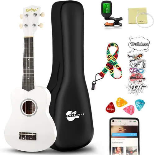 Miniatura 15 de Everjoys Paquete de ukelele soprano para principiantes de 21 pulgadas con clase en línea gratuita, bolsa de actuación, afinador digital, púas y paño