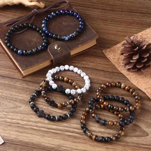 Miniatura 6 de Jewdreamer 12 piezas de pulseras de cuentas para hombres, pulseras de 8 mm de ojo de tigre, pulsera de piedra natural, cuentas de cristal en cruz