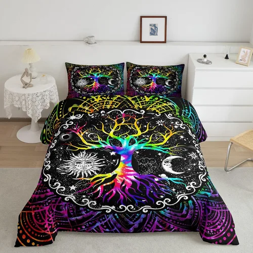 Miniatura 3 de Erosebridal - Juego de edredón tamaño King con diseño de Árbol de la Vida, juego de cama colorido de sol y luna para hombres y mujeres, edredón