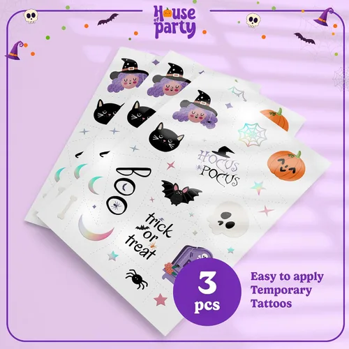 Miniatura 2 de HOUSE OF PARTY Tatuajes temporales de Halloween para niños, 84 calcomanías de Hocus Pocus, tatuajes de murciélago, calcomanías de calavera, tatuajes