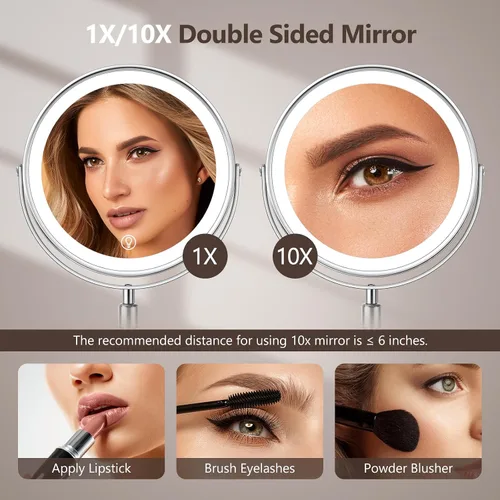 Miniatura 5 de UBYMET Espejo de maquillaje iluminado, altura ajustable, doble cara, aumento 1x/10x con 3 colores, brillo ajustable, rotación de 360°, regalo