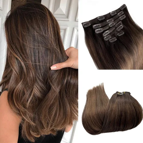 Miniatura 31 de Extensiones de cabello rubio ceniza con reflejos, extensiones de cabello humano real con clip, de 12 pulgadas, 2.47 onzas, doble trama, invisible