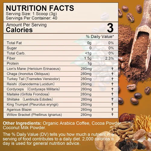 Miniatura 7 de 2Pack Café de Hongos - Polvo de Hongos Melena de León Arabica Café Instantáneo con Melena de León, Reishi, Chaga, Cordyceps y Cola de Pavo