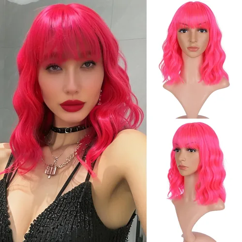 Miniatura 13 de VCKOVCKO Peluca natural ondulada rosa pastel, pelucas coloridas con flequillo de aire, pelucas cortas estilo Bob para mujer, pelucas largas hasta
