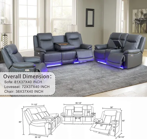 Miniatura 8 de Juego de sofá reclinable eléctrico, juego de sofá de cuero con puerto USB, sofá biplaza reclinable con consola de almacenamiento/portavasos