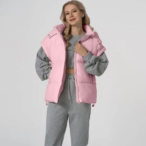 Miniatura 24 de Shiyifa Chaleco acolchado para mujer, chaqueta de gran tamaño, sin mangas, ligera, con cremallera, con capucha desmontable