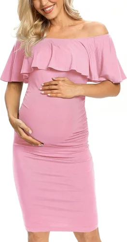 Miniatura 3 de AONESX Vestido de maternidad ajustado con volantes y hombros descubiertos, vestido de embarazo formal para baby showerfotografía