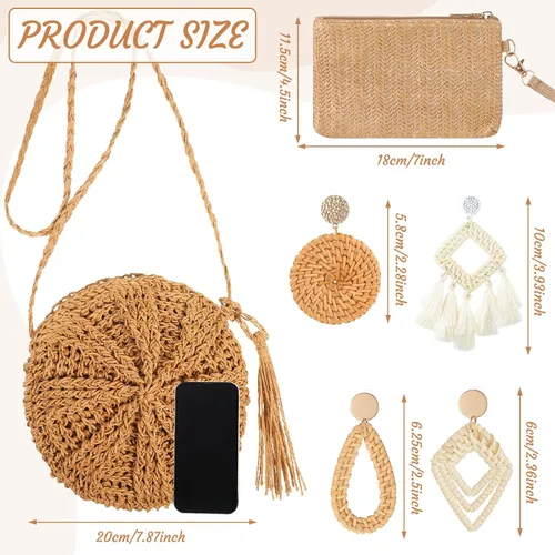 Miniatura 5 de Sweetude Bolso de mano de paja para mujer, juego de aretes de ratán, bolsa de paja de verano, playa, bolso bohemio, cartera tejida para vacaciones