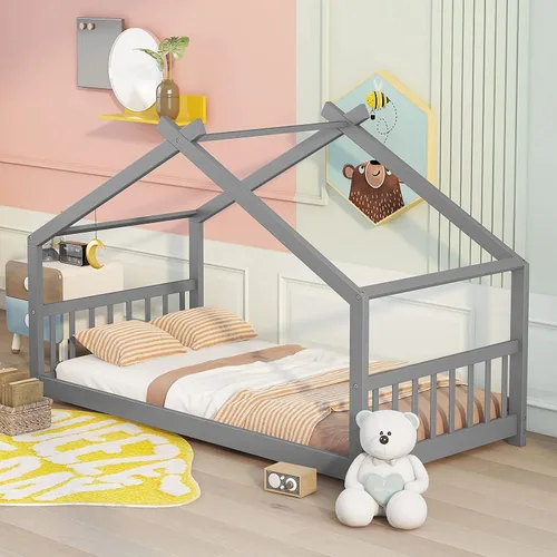 Miniatura 12 de Cama de casa de tamaño individual para niños, base de cama Montessori tamaño individual con cabecero y estribo, cama de madera para niños y niñas
