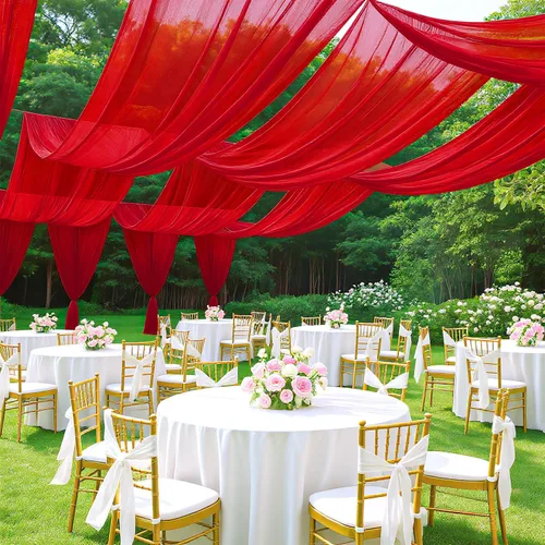 Miniatura 10 de FUHSY Cortinas de techo para arco de boda, tela drapeada, tela de gasa, cortinas de gasa burdeos para telón de fondo, 5 x 20 pies, 2 paneles
