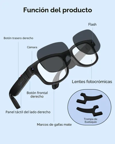 Miniatura 8 de CJkao Lentes inteligentes con cámara, gafas de cámara HD, grabación de video, control de asistente de voz, Bluetooth, música, gafas ai