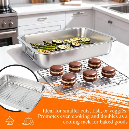 Miniatura 4 de Kit de sartenes para asar pavos de acero inoxidable de 15.5 x 11.5 pulgadas, para hornos, parrilla en V y estante de refrigeración, bandeja de asado