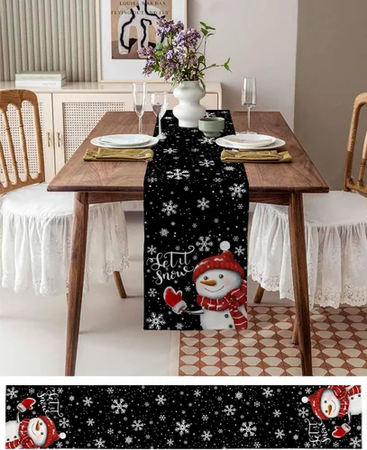 Miniatura 3 de Camino de mesa de muñeco de nieve de Navidad negro – Lino de algodón de 36 pulgadas de largo, bufandas de vestido de Navidad con copo de nieve