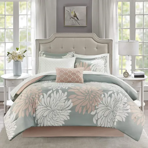 MPE10-860 - Juego de cama para todas las estaciones, con almohada decorativa a juego, tamaño matrimonial (78 x 86 pulgadas), color rosado y gris
