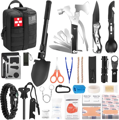 Regalos para hombres Navidad papá, kit de supervivencia, 150 piezas de equipo de supervivencia y suministros con bolsa de trauma, kit de emergencia