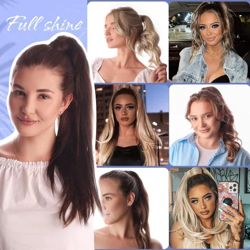 Miniatura 7 de Full Shine - Extensión de cola de caballo con clip, color marrón oscuro con mechas rubio miel, extensión de cabello humano real para mujeres, 14