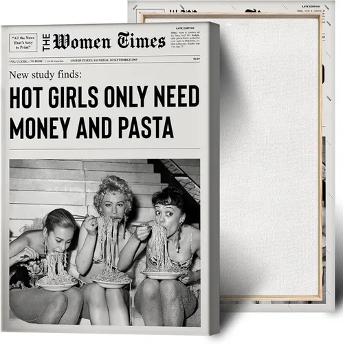 Miniatura 31 de Arte de pared vintage de periódico blanco y negro para niñas, comida de chica caliente, pasta italiana, pósteres divertidos para habitación de Negro