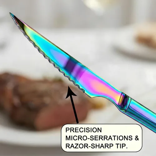Miniatura 2 de Paquete de 6 cuchillos de carne de acero inoxidable arcoíris, iridiscentes dentados afilados para mesa de cocina