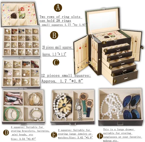 Miniatura 3 de BOOVO Joyero para mujer, organizador de joyas grande de 6 capas con espejo, caja de almacenamiento multifunción con cerradura, soporte de accesorios