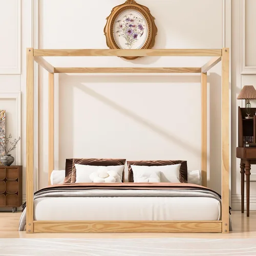 Miniatura 9 de Cama con dosel de metal, con plataforma de 4 postes de Coner con cabecera entrecruzada y estribo, tamaño Queen