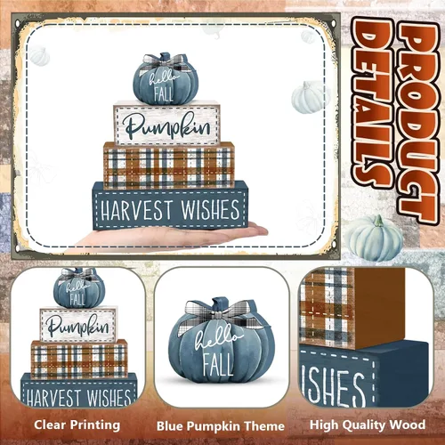 Miniatura 4 de Britimes 4 Piezas Calabazas Azules Decoración de Otoño Letrero de Bandeja Escalonada de Madera, Decoraciones Rústicas de Granja Calabaza de Otoño
