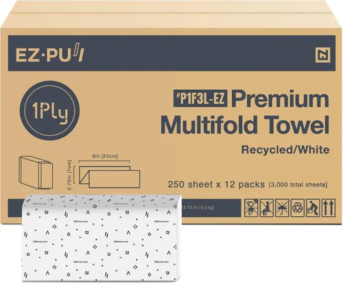 EZ-Pull Premium 1ply MULTIFOLD - Toallas de papel, certificado FSC reciclado/blanco, 250 hojas x 12 unidades, P1F3L-EZ