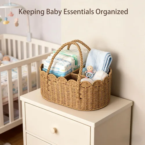 Miniatura 4 de Organizador de pañales, cestas de almacenamiento de cuerda de papel, contenedor de guardería con divisor extraíble, organizador portátil de coche