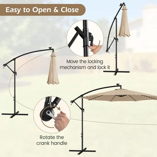 Miniatura 9 de Tangkula Sombrilla solar de 10 pies, sombrilla colgante inclinada en voladizo con 112 luces LED de lluvia de meteoros, con manivela, sombrilla