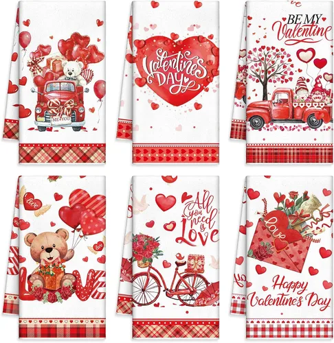 Patelai 6 toallas de cocina para el día de San Valentín, corazones rojos, a cuadros, camión, té, baño, vacaciones, platos, 21.3 x 14.3 pulgadas