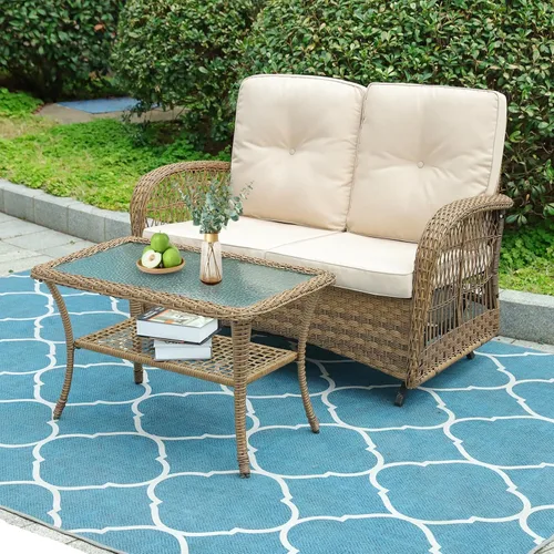 Miniatura 25 de VIVIJASON Silla mecedora de mimbre para exteriores, 2 piezas, sillas mecedoras de ratán para patio con cojines y marco de acero, muebles de mimbre